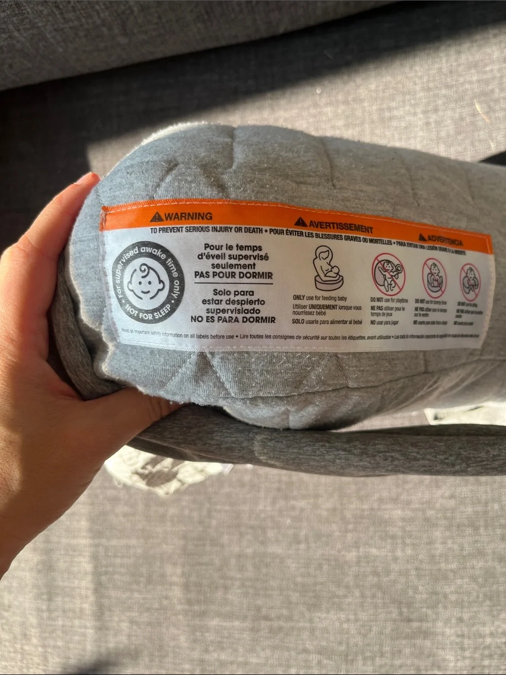 Boppy Quilted Grey Travel Nursing Pillow with Ties